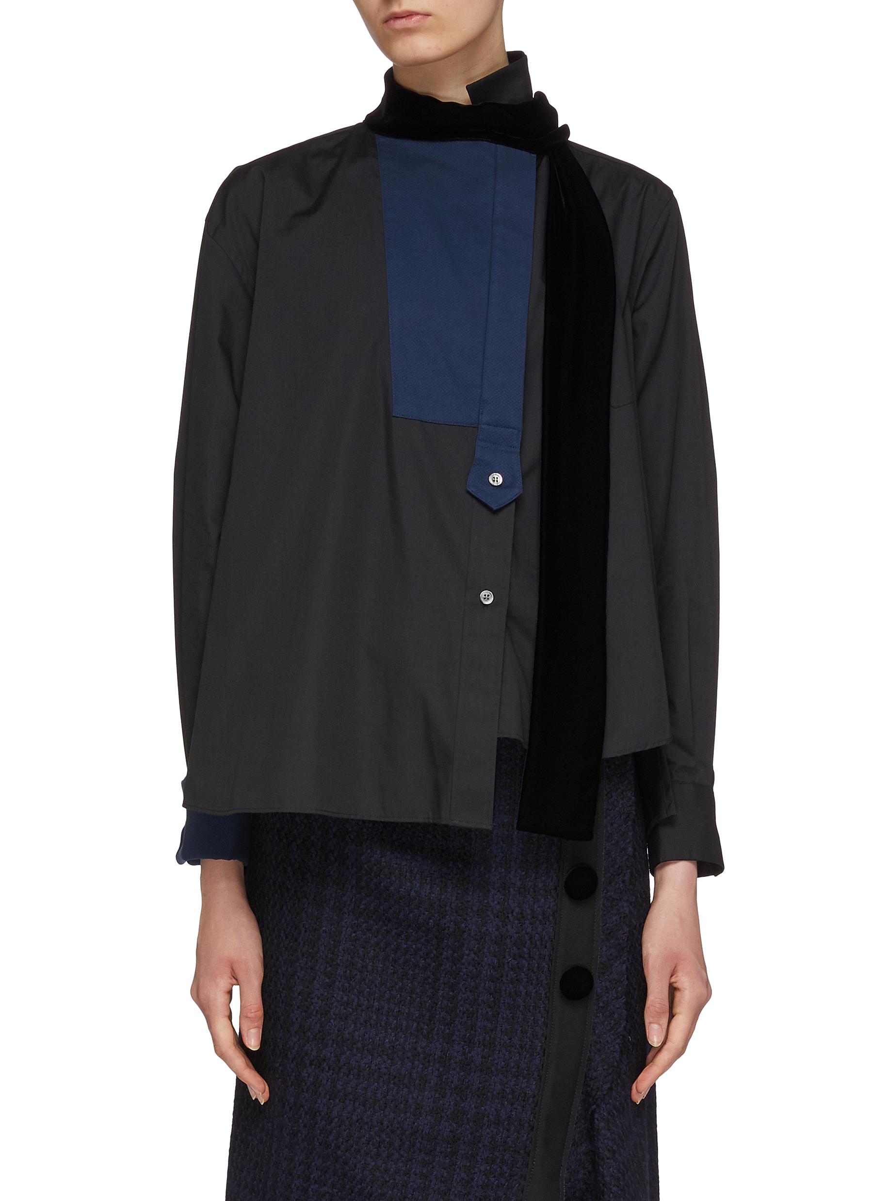 Velvet sash tie neck colourblock asymmetric shirt by Sacai