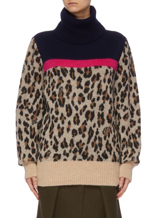 Main View - Click To Enlarge - SACAI - Contrast yoke leopard jacquard turtleneck sweater