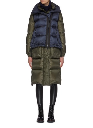 Main View - Click To Enlarge - SACAI - Layered colourblock vest panel hooded down puffer coat