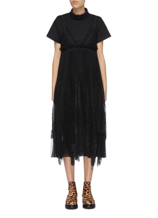 Main View - Click To Enlarge - SACAI - Short sleeve shirt panel pleated lace slip dress