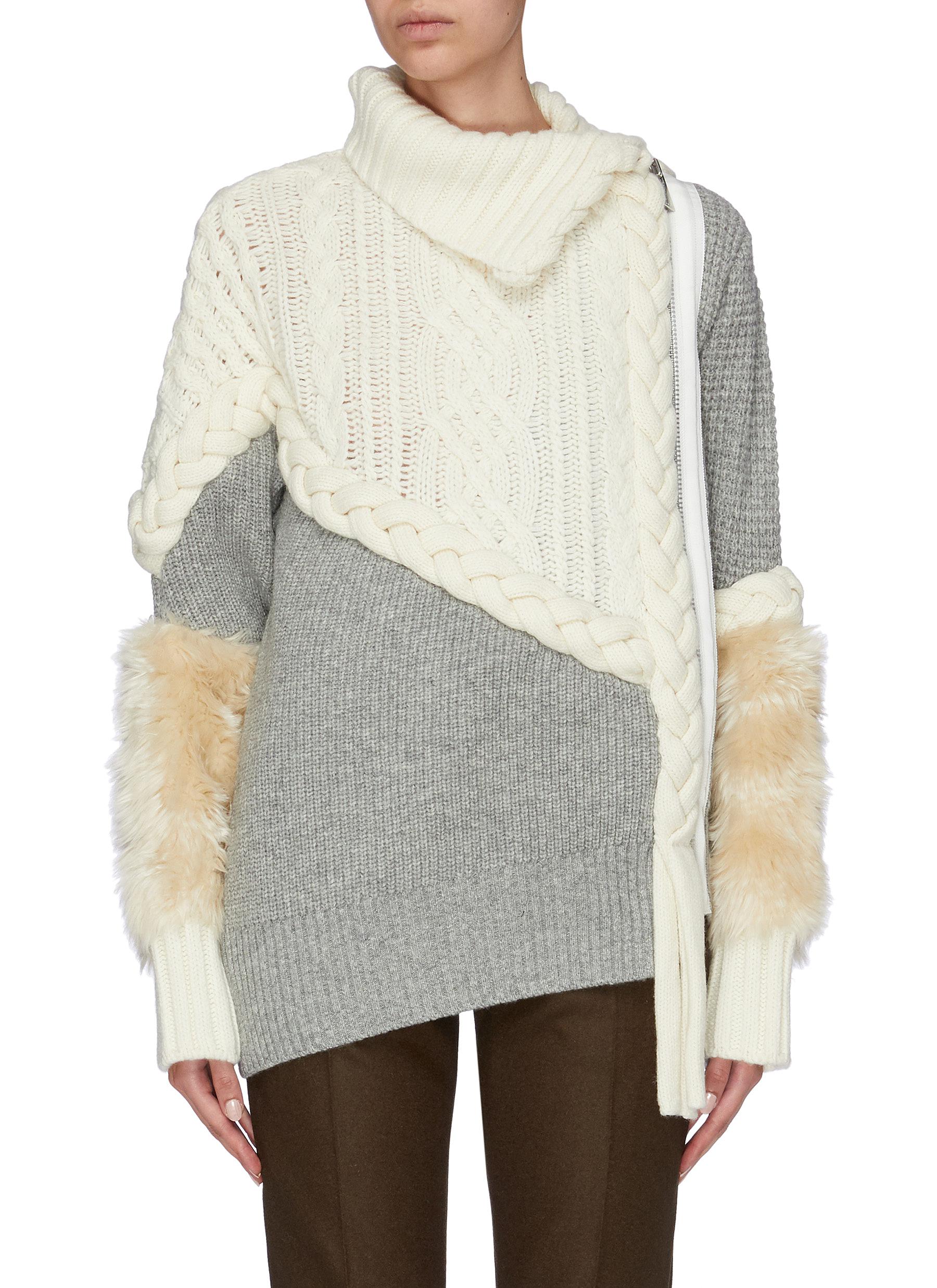 Sacai Faux Fur Panel Mix Knit Patchwork Turtleneck Sweater | ModeSens