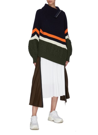 Figure View - Click To Enlarge - SACAI - Colourblock mix knit puff sleeve turtleneck sweater