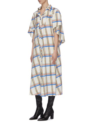 Detail View - Click To Enlarge - AKIRA NAKA - Belted split sleeve check plaid twill shirt dress
