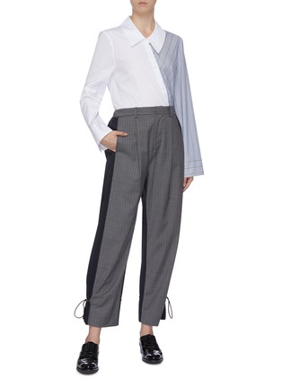 Figure View - Click To Enlarge - THE KEIJI - Drawcord cuff pinstripe front patchwork suiting pants