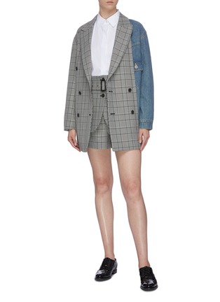 Figure View - Click To Enlarge - THE KEIJI - Denim panel check plaid double breasted blazer