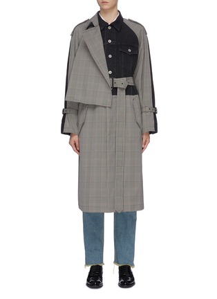 Main View - Click To Enlarge - THE KEIJI - Denim panel belted houndstooth check plaid trench coat
