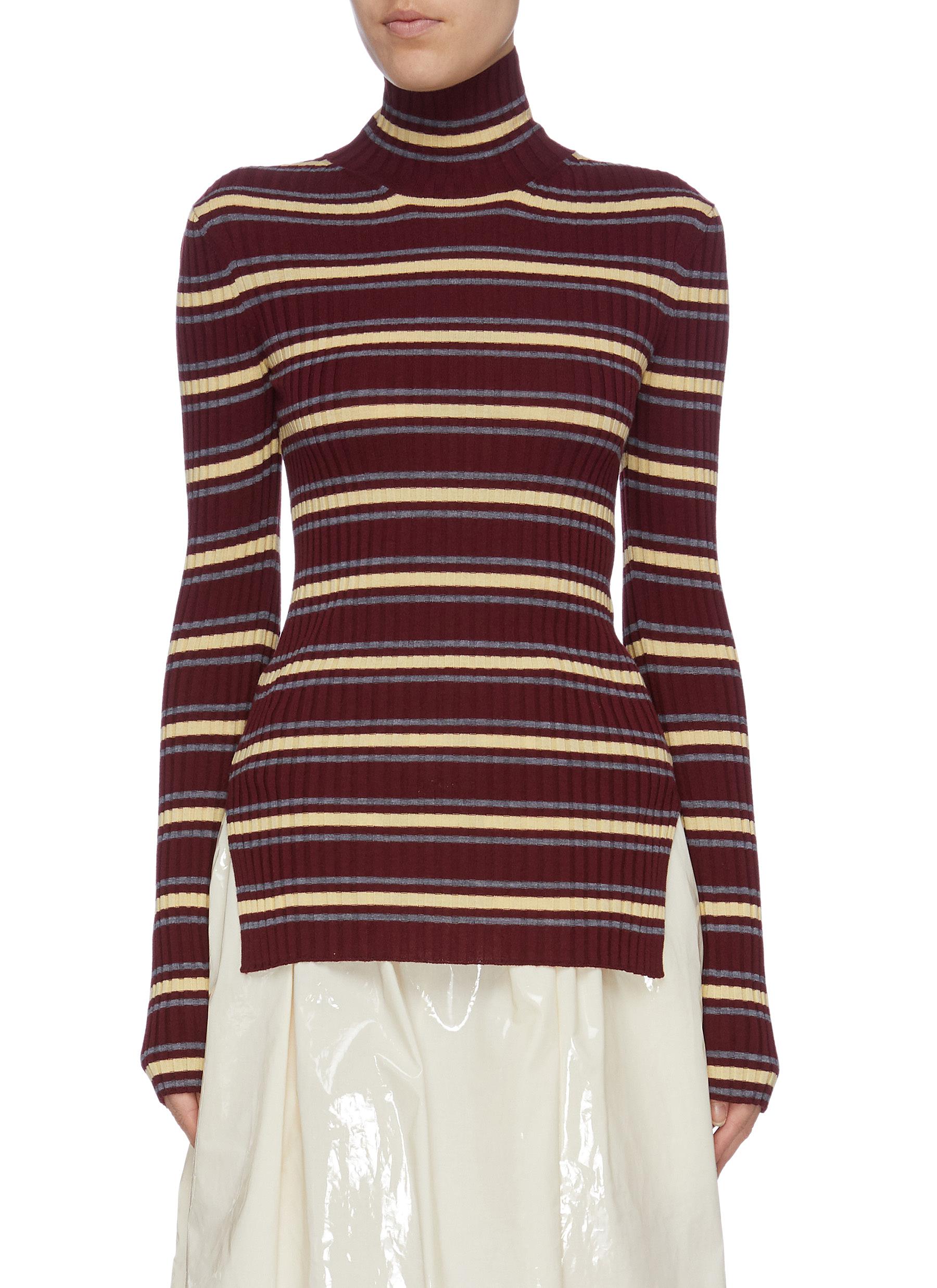 Stripe Merino wool rib knit turtleneck sweater by Plan C