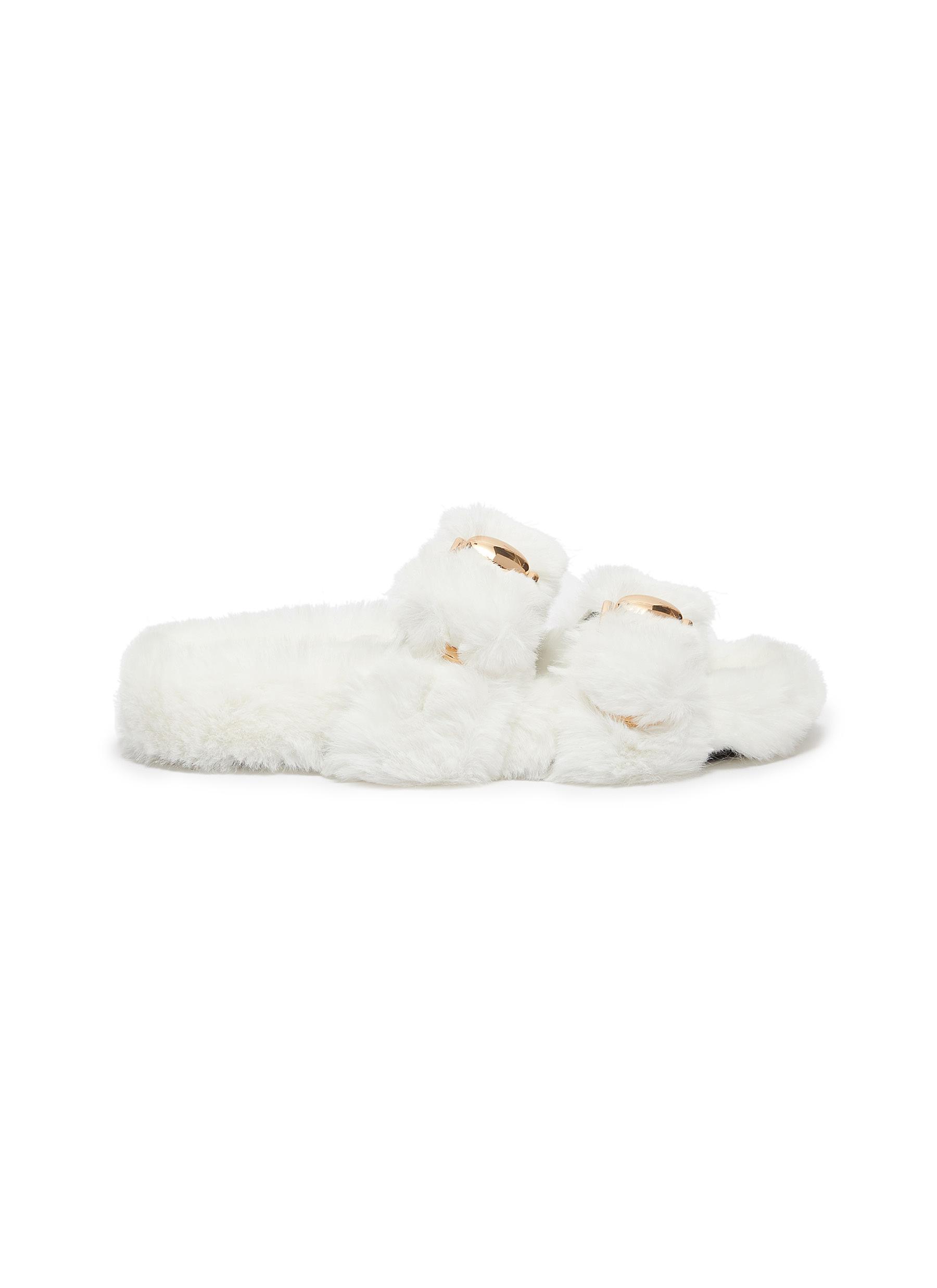 white faux fur sandals