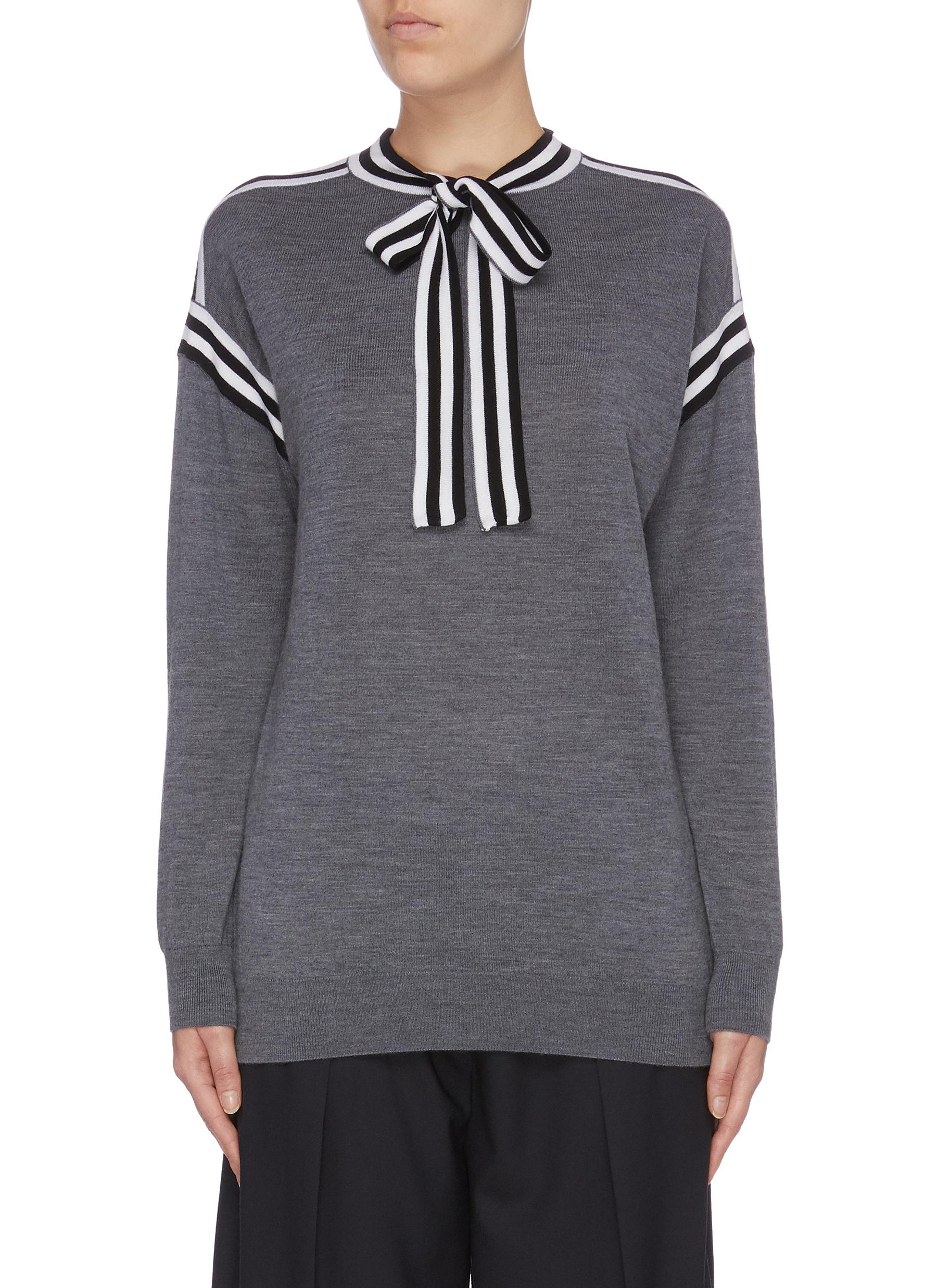 Stripe sash tie neck Merino wool sweater by Victoria, Victoria Beckham