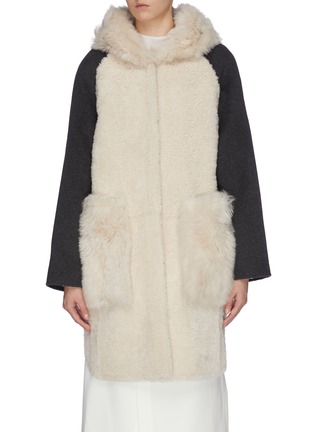 Main View - Click To Enlarge - YVES SALOMON - Hooded patch pocket lambskin shearling wool-cashmere knit coat
