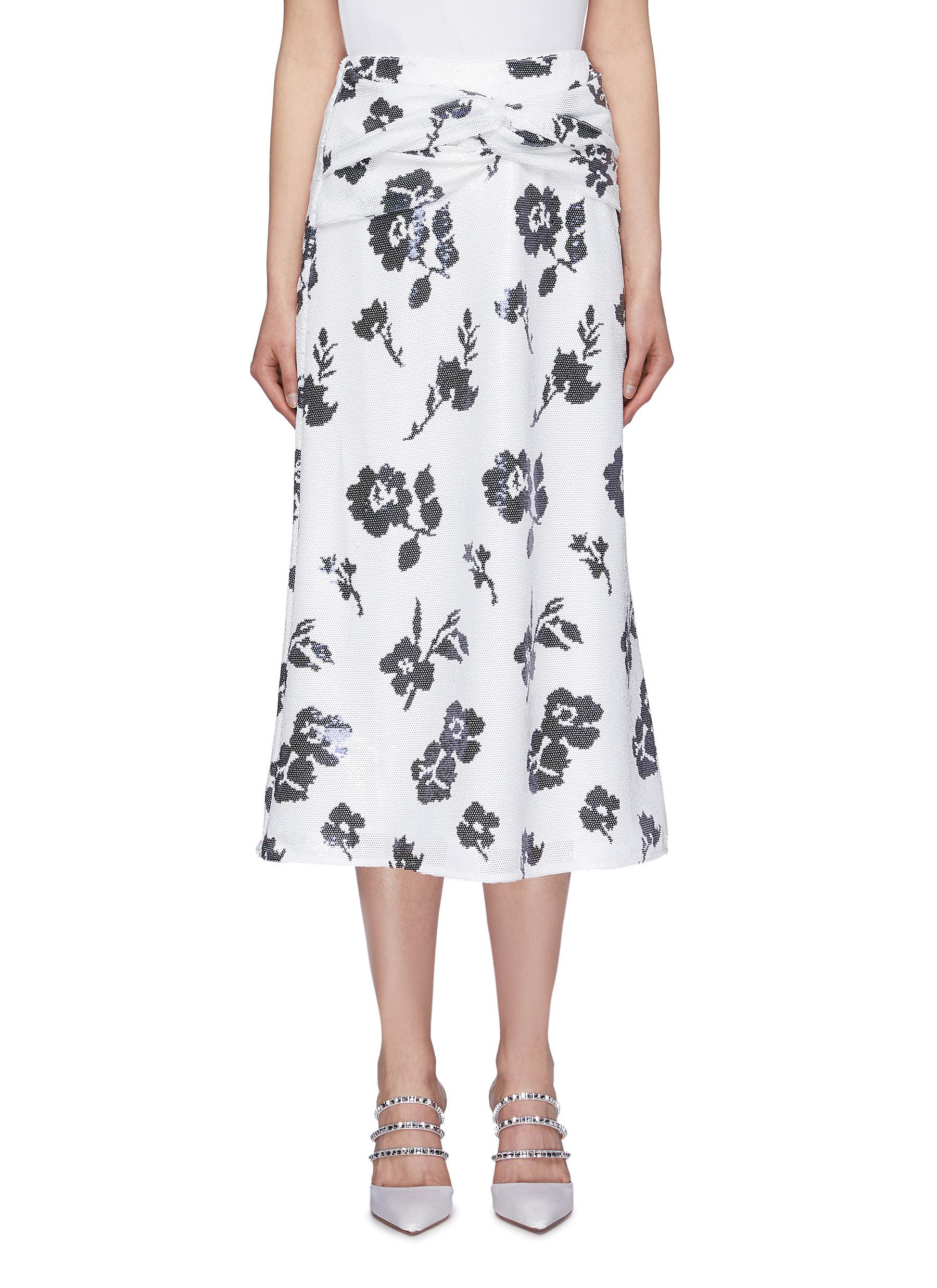 Twist waist floral sequin A-line midi skirt by Self-Portrait