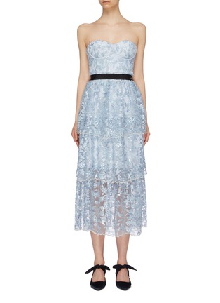 Main View - Click To Enlarge - SELF-PORTRAIT - Sequin floral tiered mesh strapless midi dress