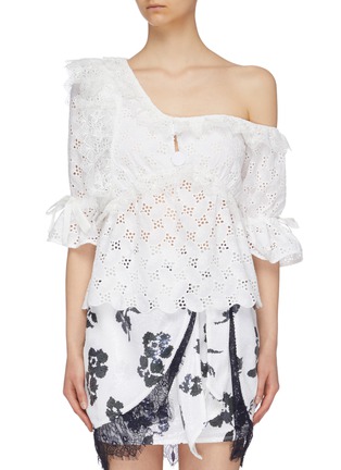 Main View - Click To Enlarge - SELF-PORTRAIT - Bow cuff ruffle leaf broderie anglaise one-shoulder top
