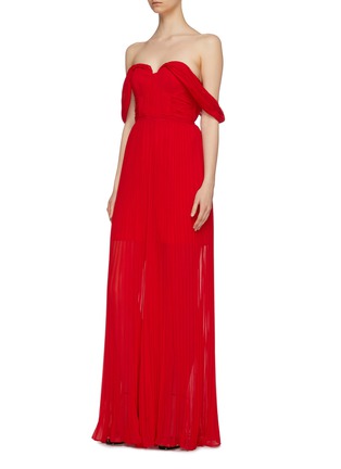 Detail View - Click To Enlarge - SELF-PORTRAIT - Belted pleated chiffon off-shoulder wide leg jumpsuit