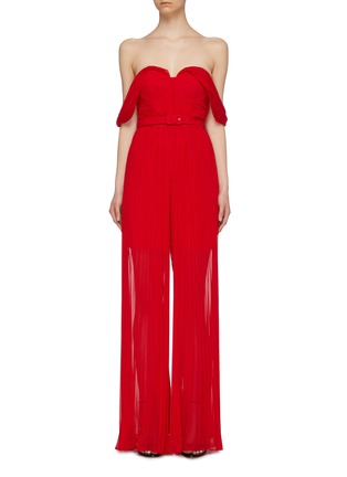 Main View - Click To Enlarge - SELF-PORTRAIT - Belted pleated chiffon off-shoulder wide leg jumpsuit