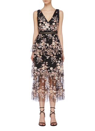 Main View - Click To Enlarge - SELF-PORTRAIT - Sequin floral mesh tiered sleeveless dress