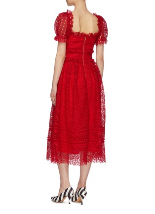 Back View - Click To Enlarge - SELF-PORTRAIT - Puff sleeve ruffle trim flared guipure lace midi dress