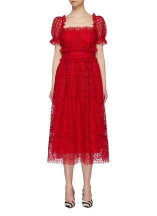 Main View - Click To Enlarge - SELF-PORTRAIT - Puff sleeve ruffle trim flared guipure lace midi dress