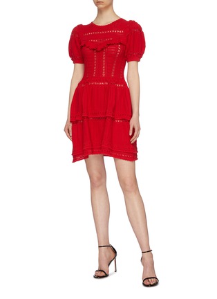 Figure View - Click To Enlarge - SELF-PORTRAIT - Puff sleeve ruffle yoke tiered pointelle knit mini dress