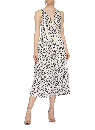 Figure View - Click To Enlarge - SELF-PORTRAIT - Tie shoulder leopard print sleeveless midi dress