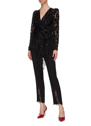 Figure View - Click To Enlarge - SELF-PORTRAIT - Chantilly lace panel scalloped cuff crepe pants