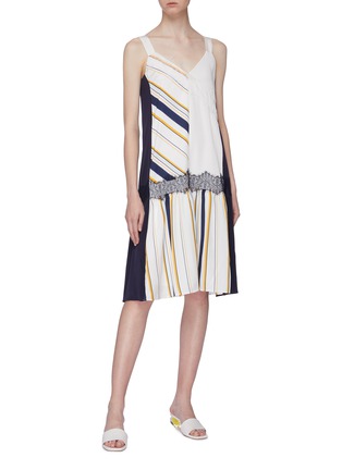 Figure View - Click To Enlarge - COMME MOI - Lace trim colourblock variegated stripe patchwork dress