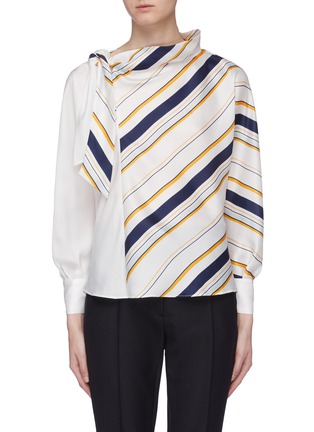 Main View - Click To Enlarge - COMME MOI - Asymmetric knot high neck stripe patchwork top