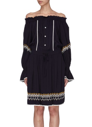 Main View - Click To Enlarge - COMME MOI - Drawstring waist tribal embroidered off-shoulder dress