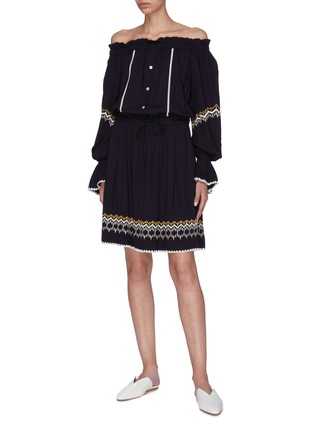 Figure View - Click To Enlarge - COMME MOI - Drawstring waist tribal embroidered off-shoulder dress