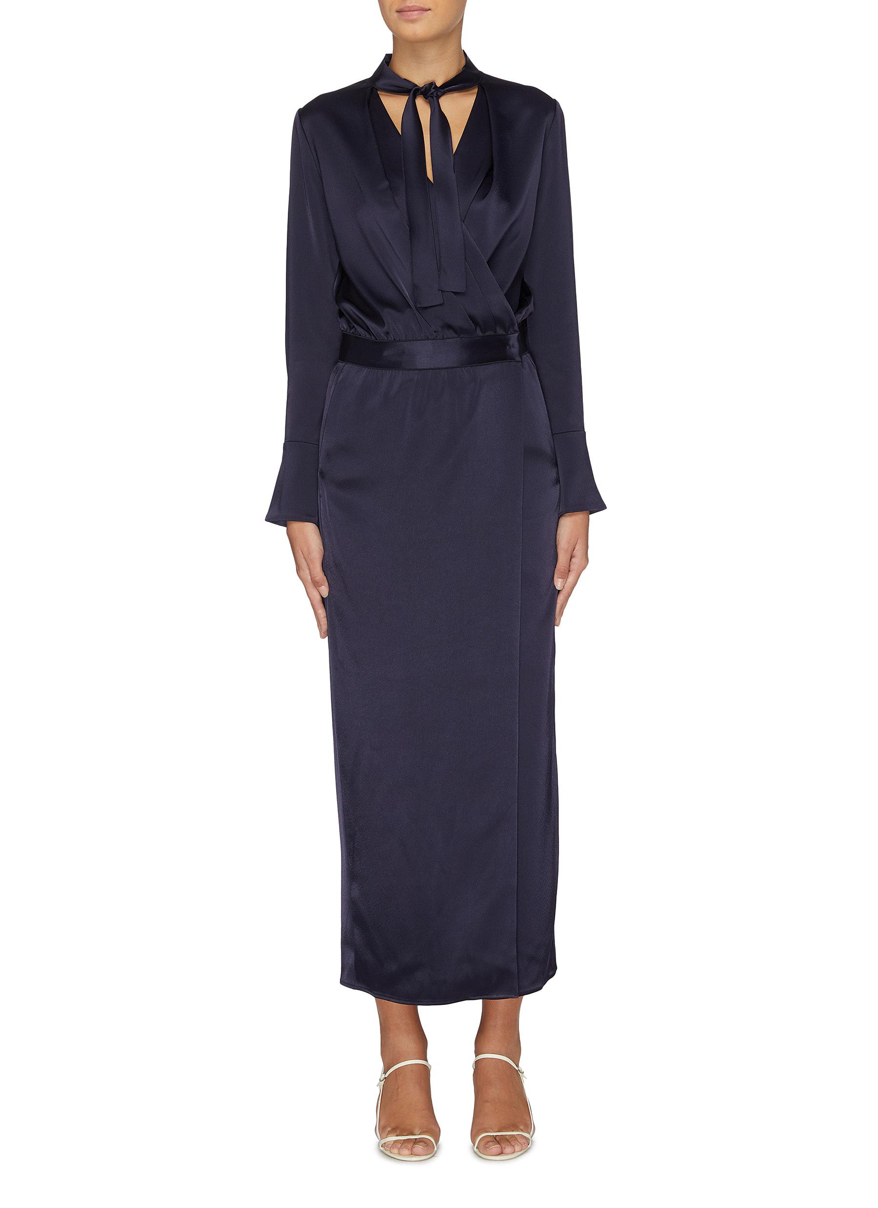 Belted sash tie neck silk wrap dress by Comme Moi
