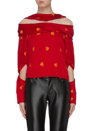 Main View - Click To Enlarge - HELLESSY - 'Bianca' scarf panel bee embroidered off-shoulder top