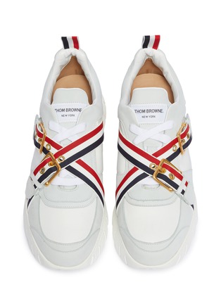 Detail View - Click To Enlarge - THOM BROWNE  - Chunky outsole stripe buckle strap leather sneakers