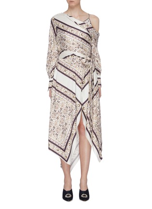 Main View - Click To Enlarge - SIMKHAI - Belted scarf print one shoulder handkerchief dress