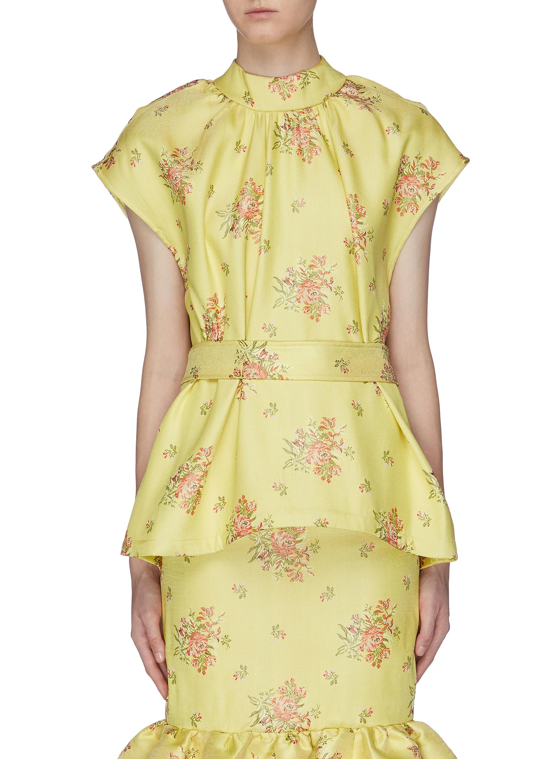 Cape back floral brocade peplum top by Ming Ma