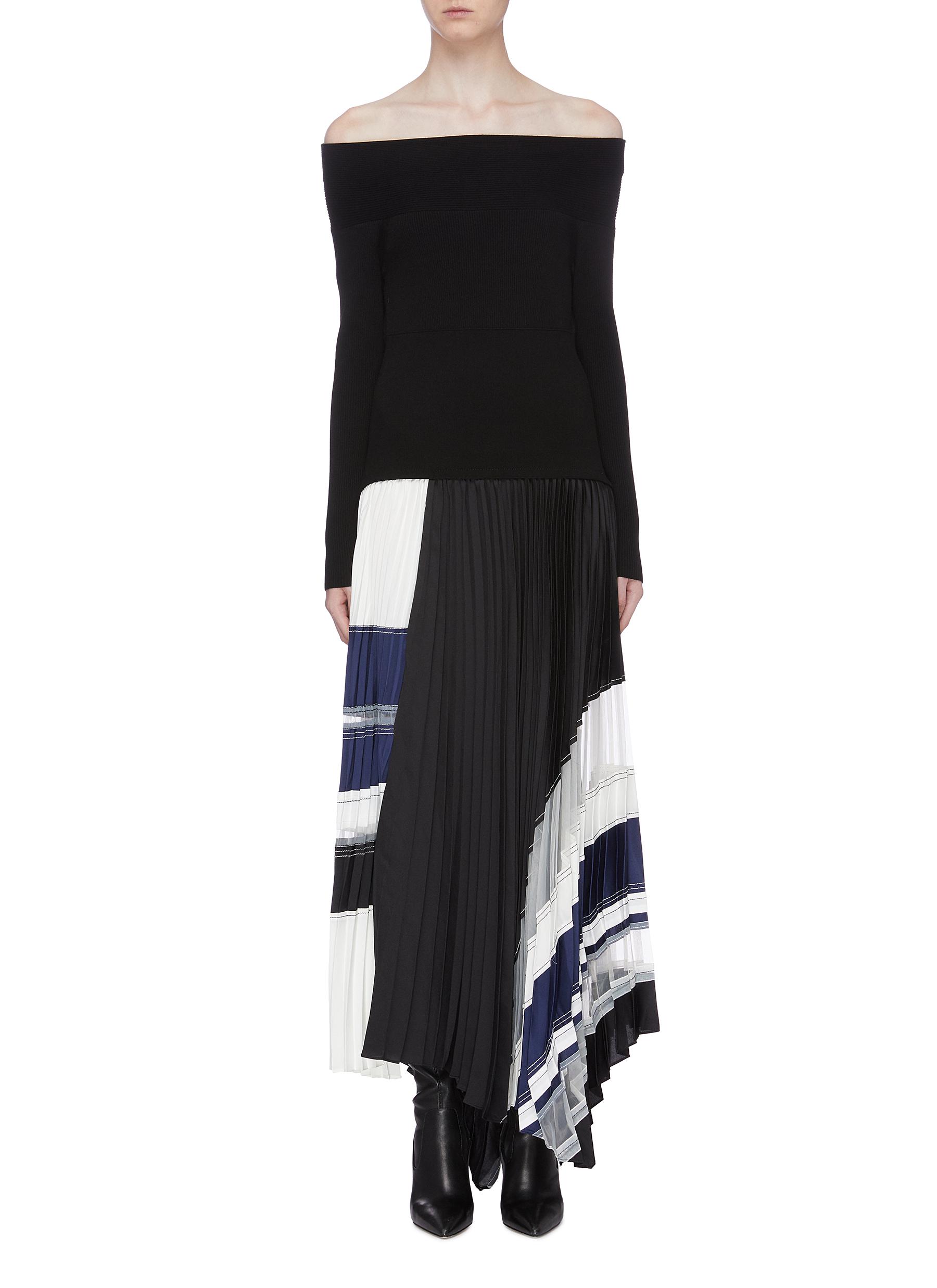 Contrast pleated asymmetric stripe hem off-shoulder dress by 3.1 Phillip Lim