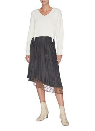 Figure View - Click To Enlarge - JONATHAN LIANG - Pleated windowpane check asymmetric lace-trim skirt