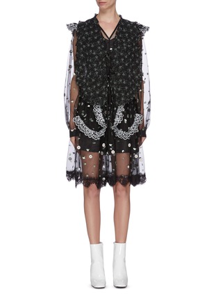 Main View - Click To Enlarge - JONATHAN LIANG - 'Avery' panelled mixed floral print ruffle lace trim sheer dress