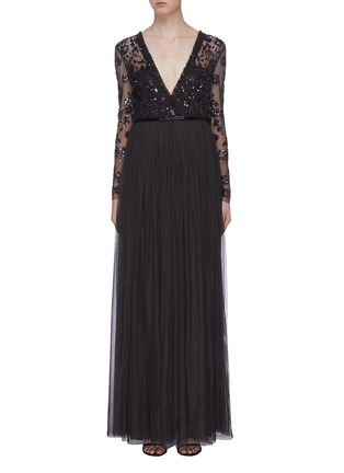 Main View - Click To Enlarge - NEEDLE & THREAD - 'Ava' sequin floral mock wrap tulle maxi dress