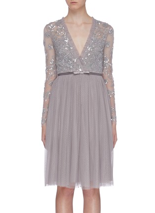 Main View - Click To Enlarge - NEEDLE & THREAD - 'Ava' sequin floral mock wrap tulle midi dress
