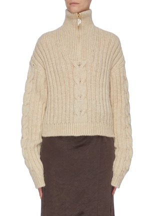 Main View - Click To Enlarge - NANUSHKA - 'Eria' faux pearl half zip high neck cropped cableknit sweater