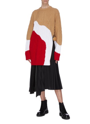 Figure View - Click To Enlarge - SHORT SENTENCE - Pom Pom embroidered side zip colourblock cable knit sweater