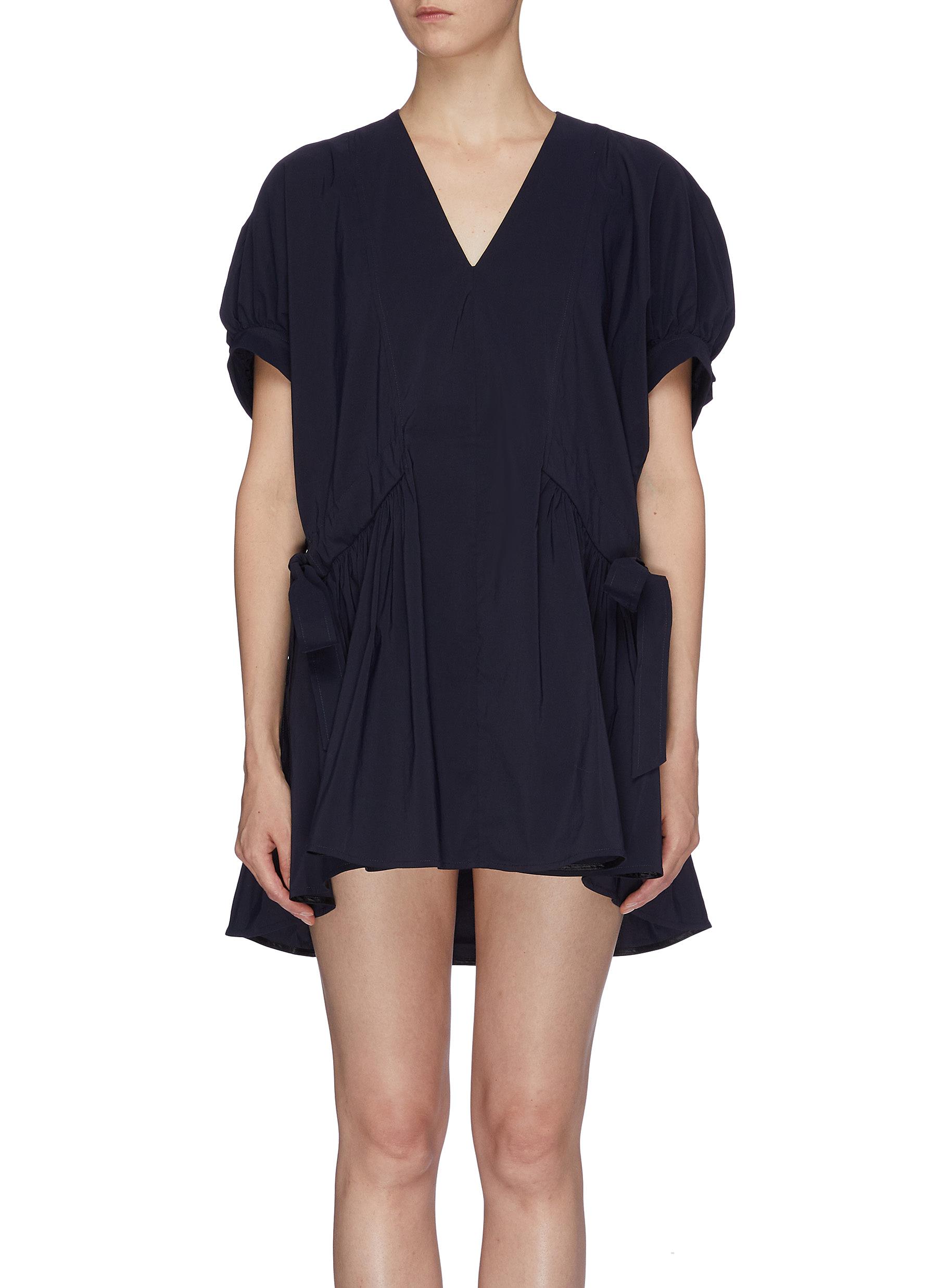 Ruched tie side puff sleeve V-neck dress by Short Sentence