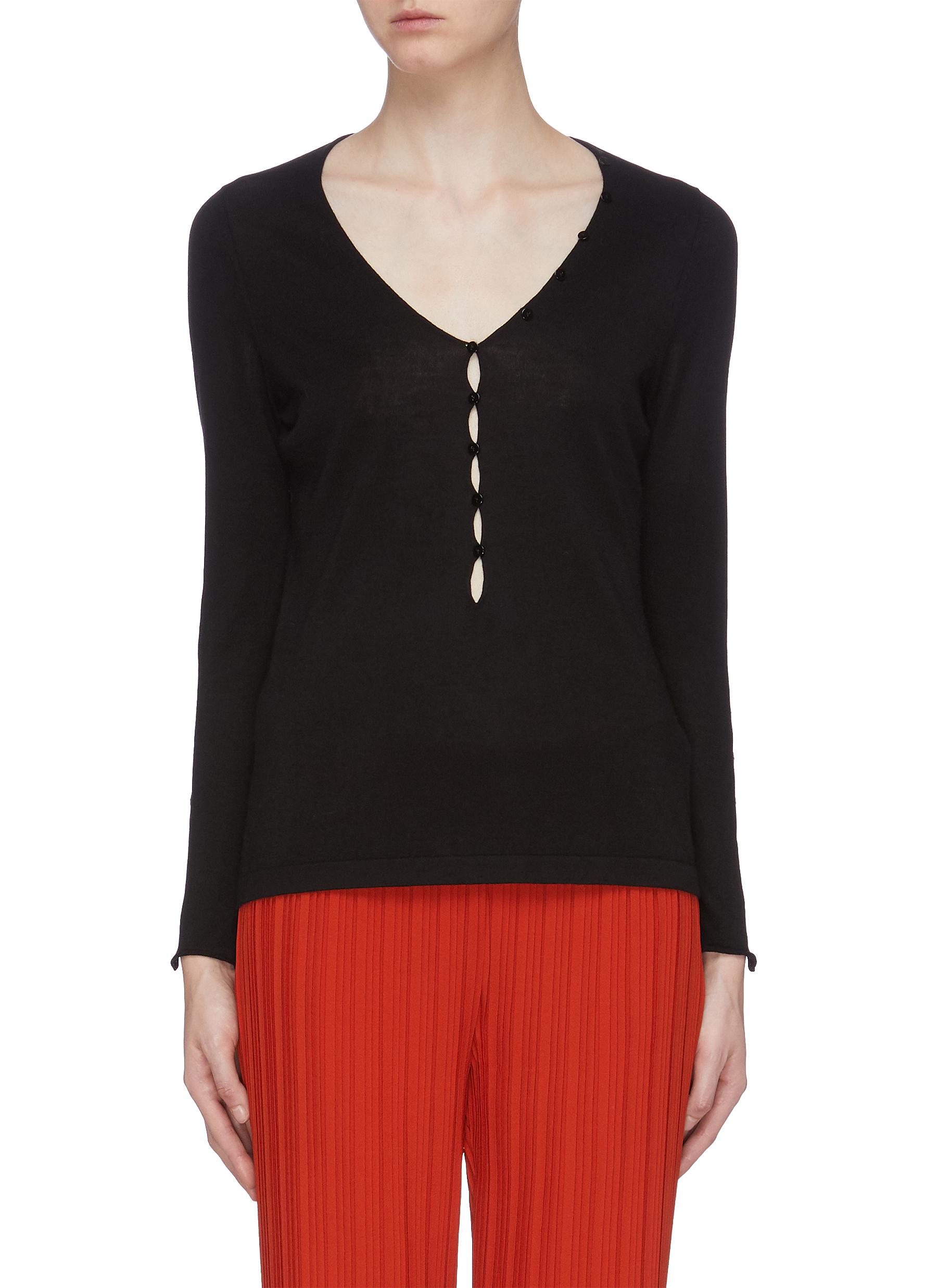 Keyhole front cashmere-silk V-neck sweater by Crush Collection