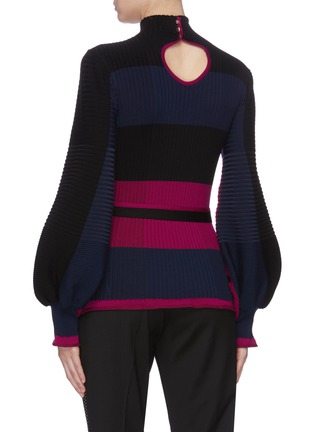 Back View - Click To Enlarge - ROKSANDA - 'Auric' belted bishop sleeve colourblock stripe knit top