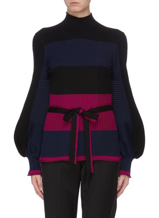 Main View - Click To Enlarge - ROKSANDA - 'Auric' belted bishop sleeve colourblock stripe knit top