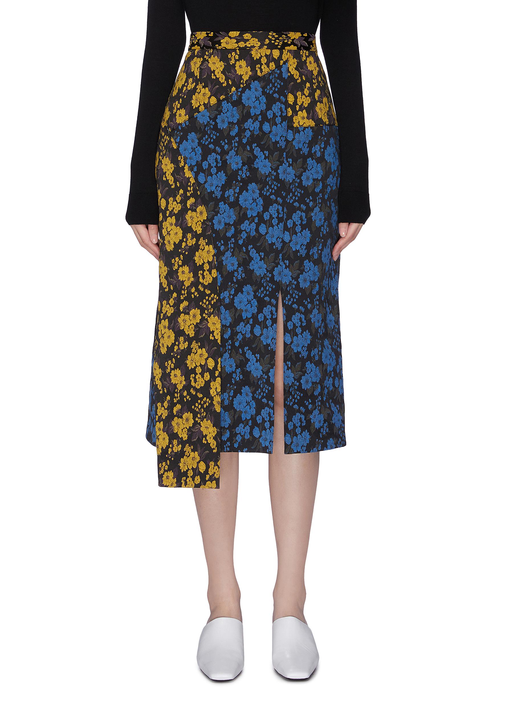 Floral Power colourblock panelled asymmetrical slit skirt by Snow Xue Gao