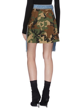 Back View - Click To Enlarge - BEN TAVERNITI UNRAVEL PROJECT  - Belted split hem denim panel pleated camoflage skirt