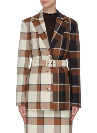 Main View - Click To Enlarge - STAUD - Asymmetric colourblock check plaid belted blazer