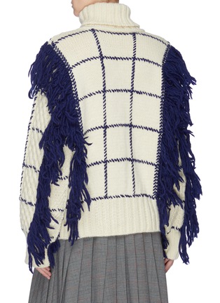 Back View - Click To Enlarge - THE KEIJI - Fringe windowpane check cable knit turtleneck sweater