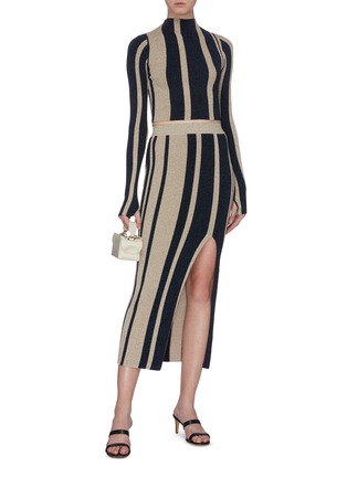 Figure View - Click To Enlarge - SELF-PORTRAIT - Split hem metallic stripe knit skirt
